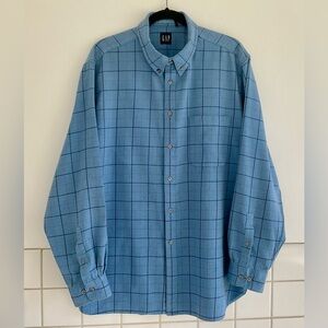GAP Men's Denim Blue Plaid Flannel Shirt Button Front Long Sleeve Size: Large